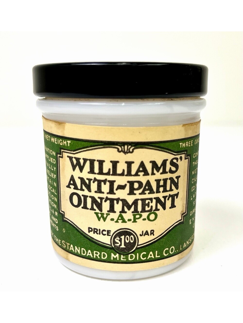 Vintage Williams Anti-Pahn Ointment Milk Glass Jar Standard Medical Pennsylvania